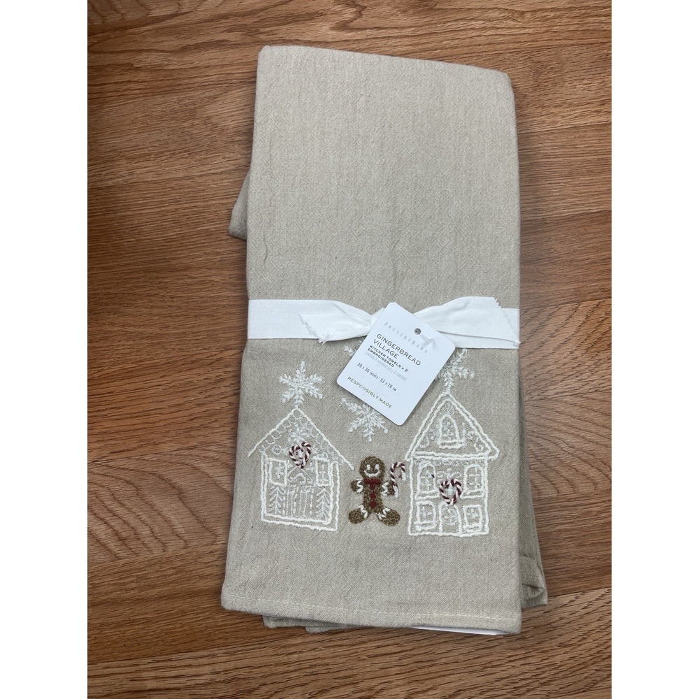 Pottery Barn Set of 2 Gingerbread Village Embroidered Kitchen Tea Towels NEW